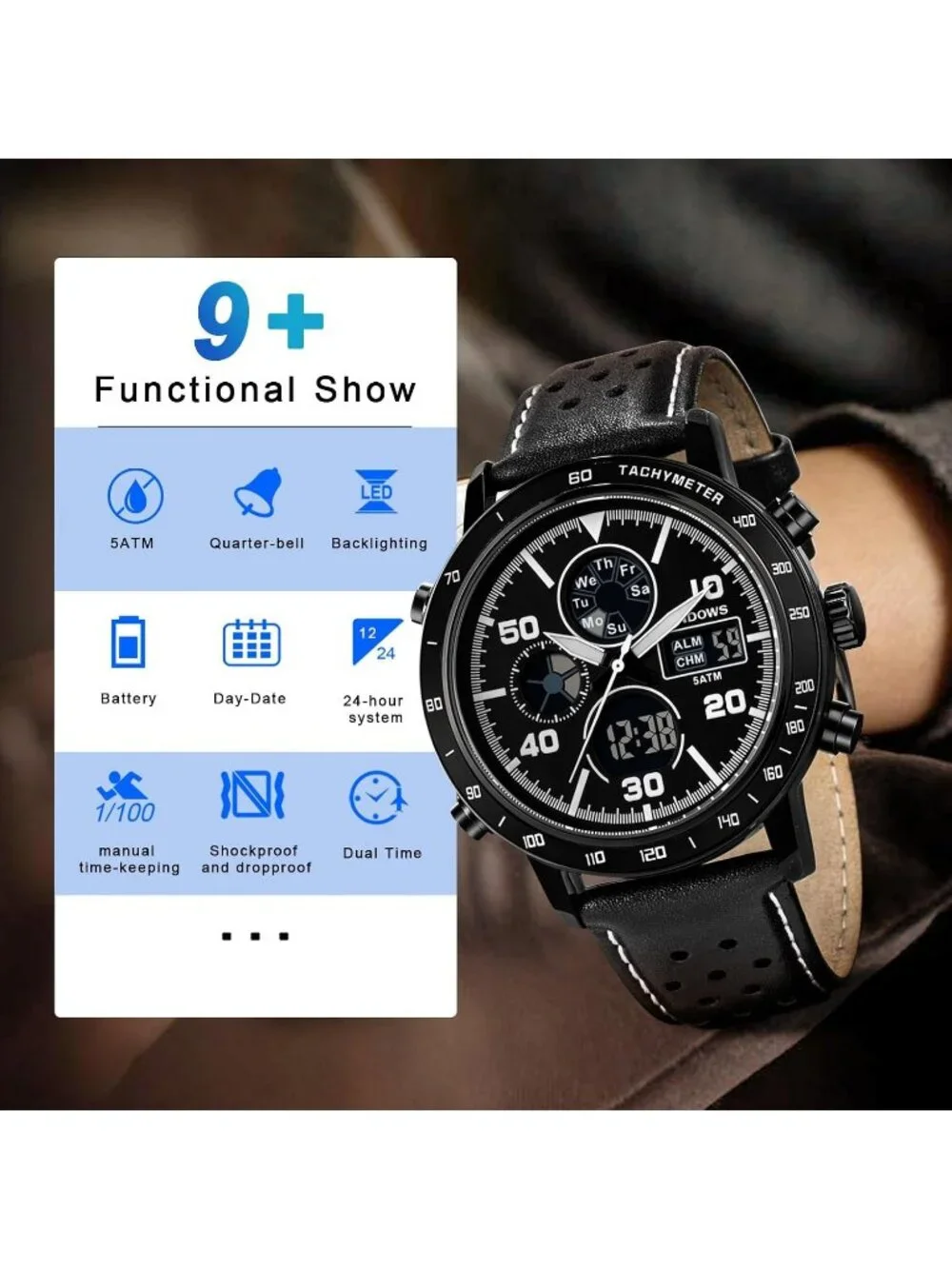 Men's Retro Black Fashion Digital Analog Multifunction Sport Casual Wrist Watch